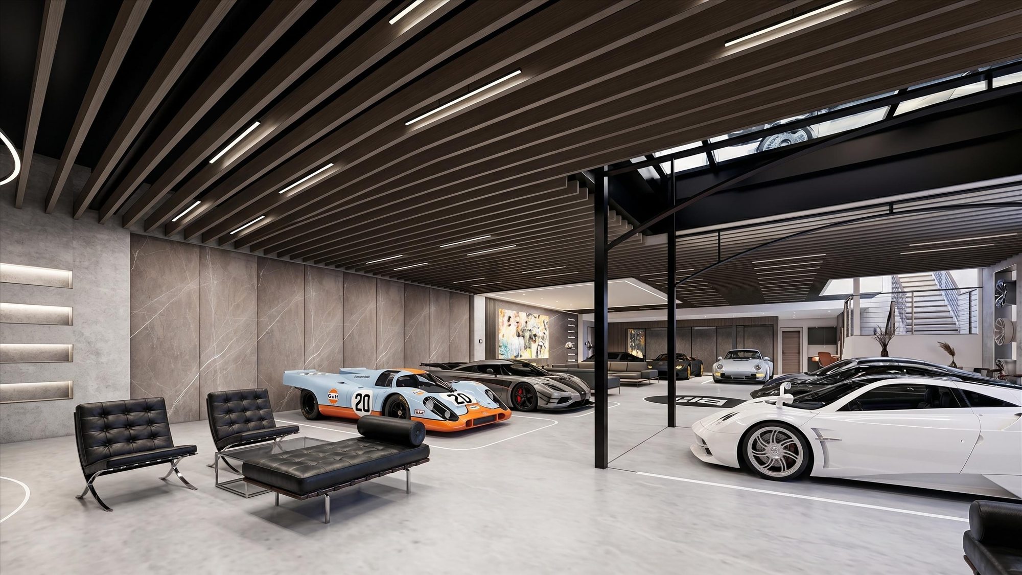 A private garage with slatted ceiling, seating and several cars