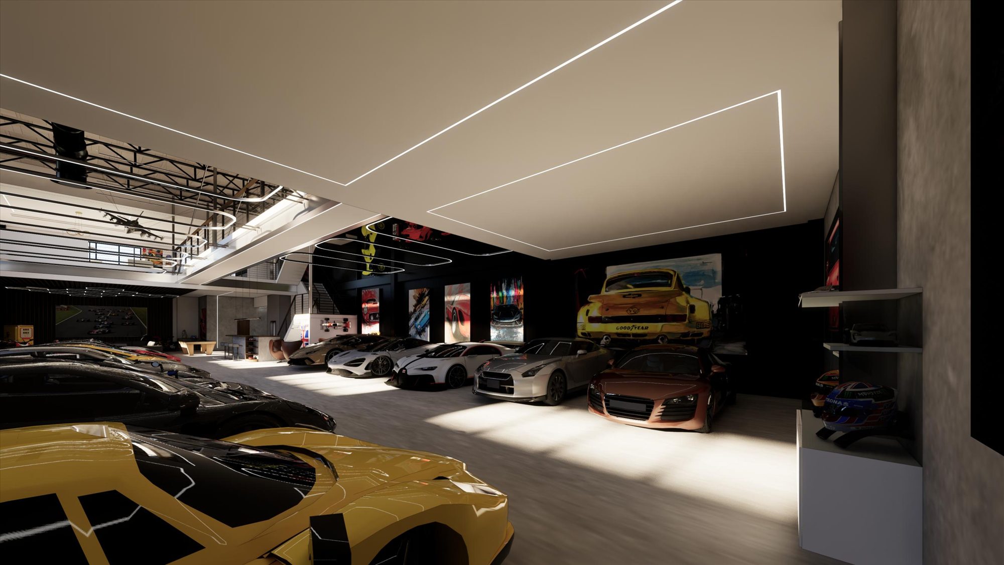 The hall floor with cars parked beneath the mezzanine