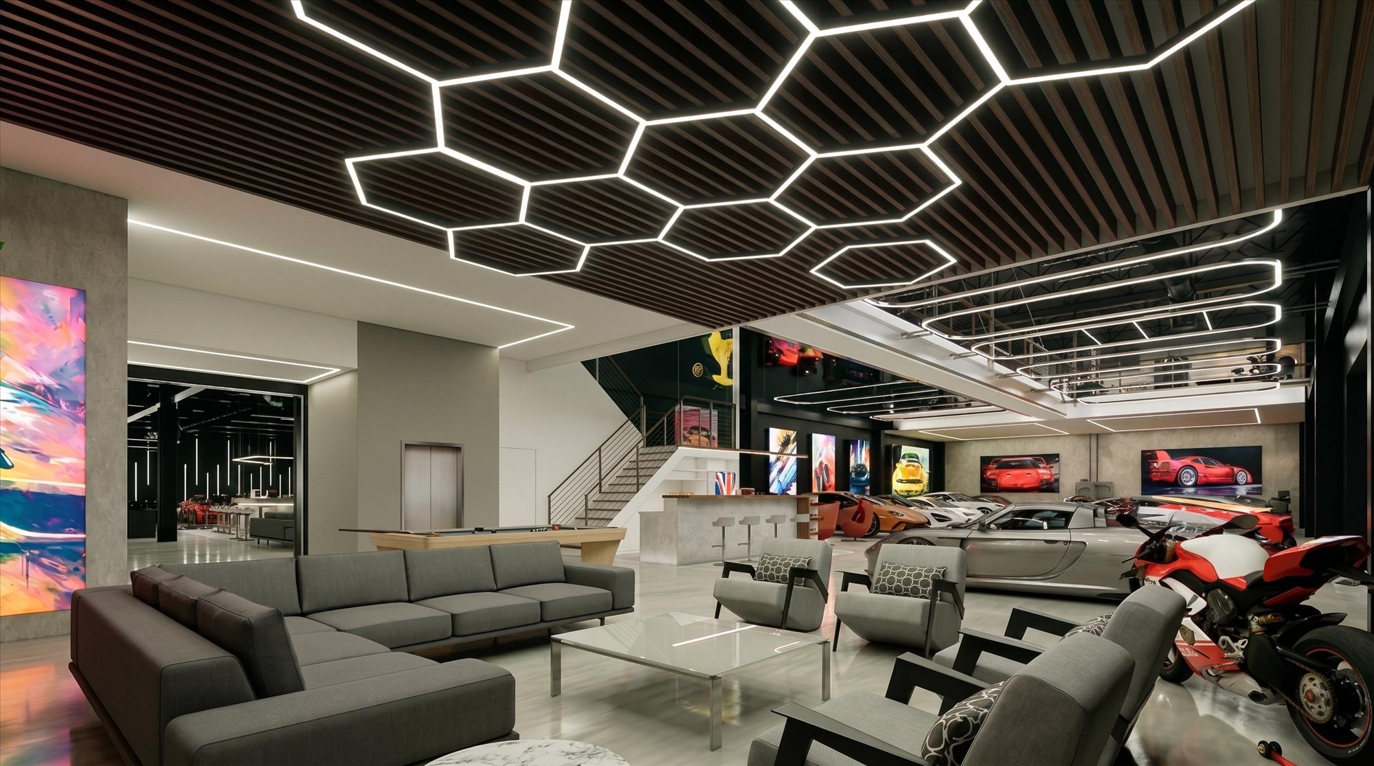 The lounge beneath the hexagonal light ceiling