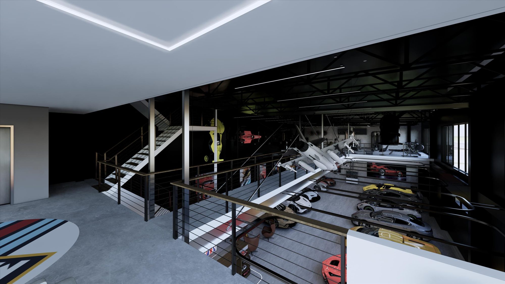 Looking down from the upper level onto the cars